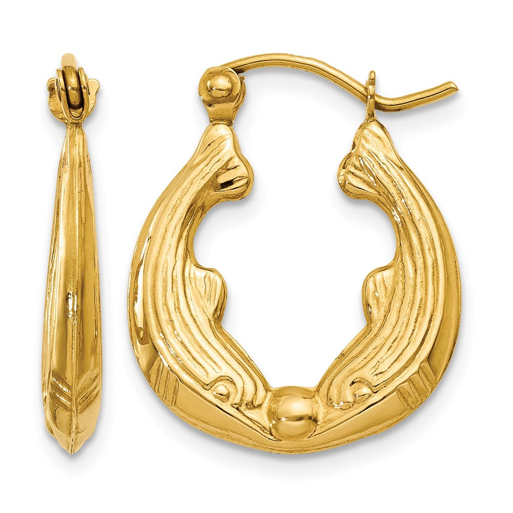 14k Dolphin Hoop Earrings, 18.5 x 3 mm
