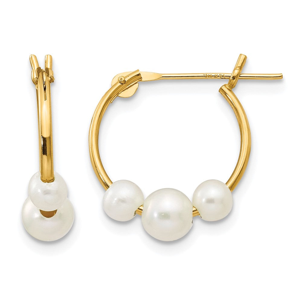 14k Madi K 4-6mm White Semi-Round Freshwater Cultured 3-Pearl Hoop Earrings, 15 x 4 mm