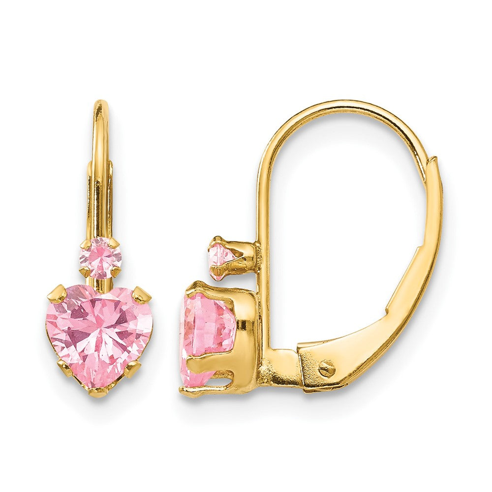 14k Madi K Pink CZ Heart Childrens Leverback Earrings, 15 x 5 mm