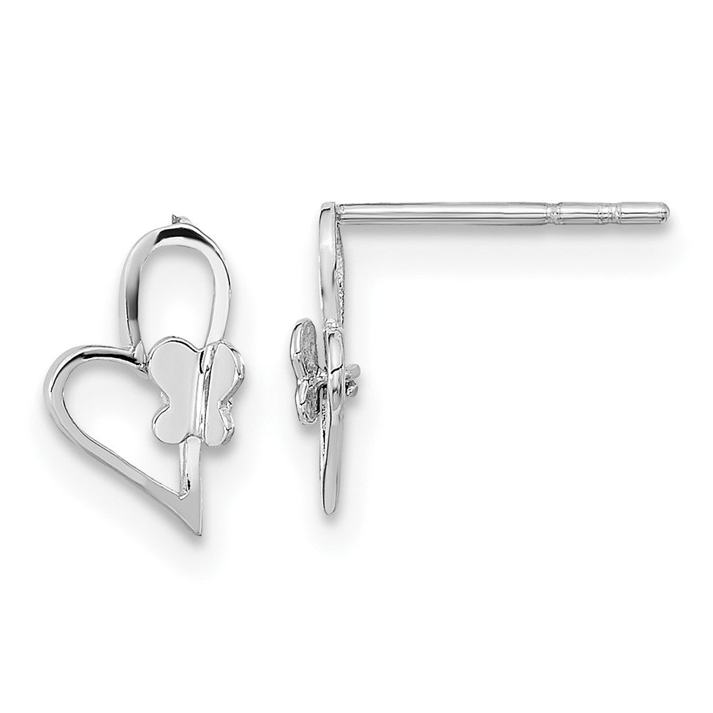 14k White Gold Madi K Heart with Butterfly Childrens Post Earrings, 9 x 6 mm