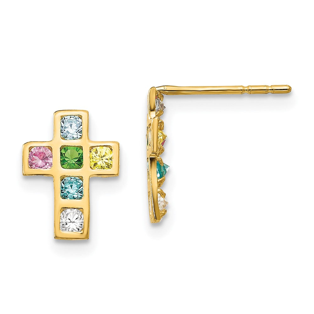 14k Madi K Multi-colored CZ Cross Childrens Post Earrings, 10 x 8 mm