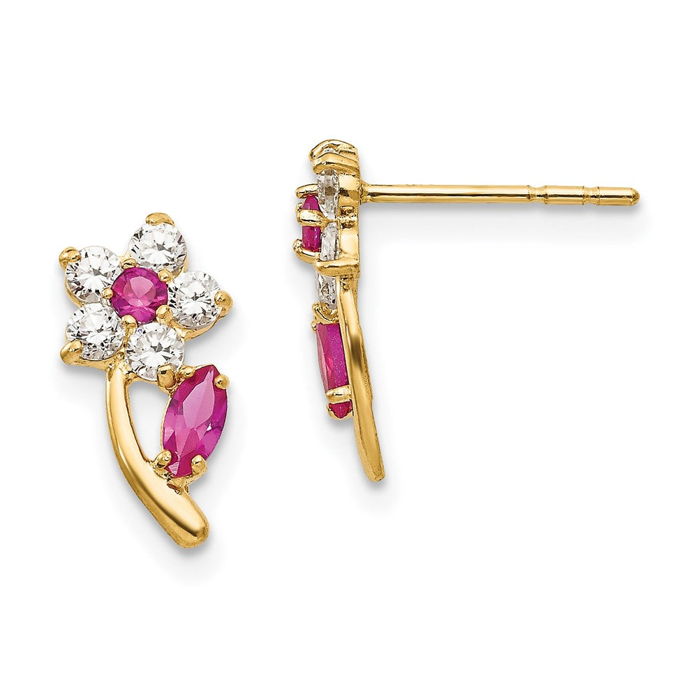 14k Madi K Clear and Red CZ Flower Childrens Post Earrings, 9 x 6 mm
