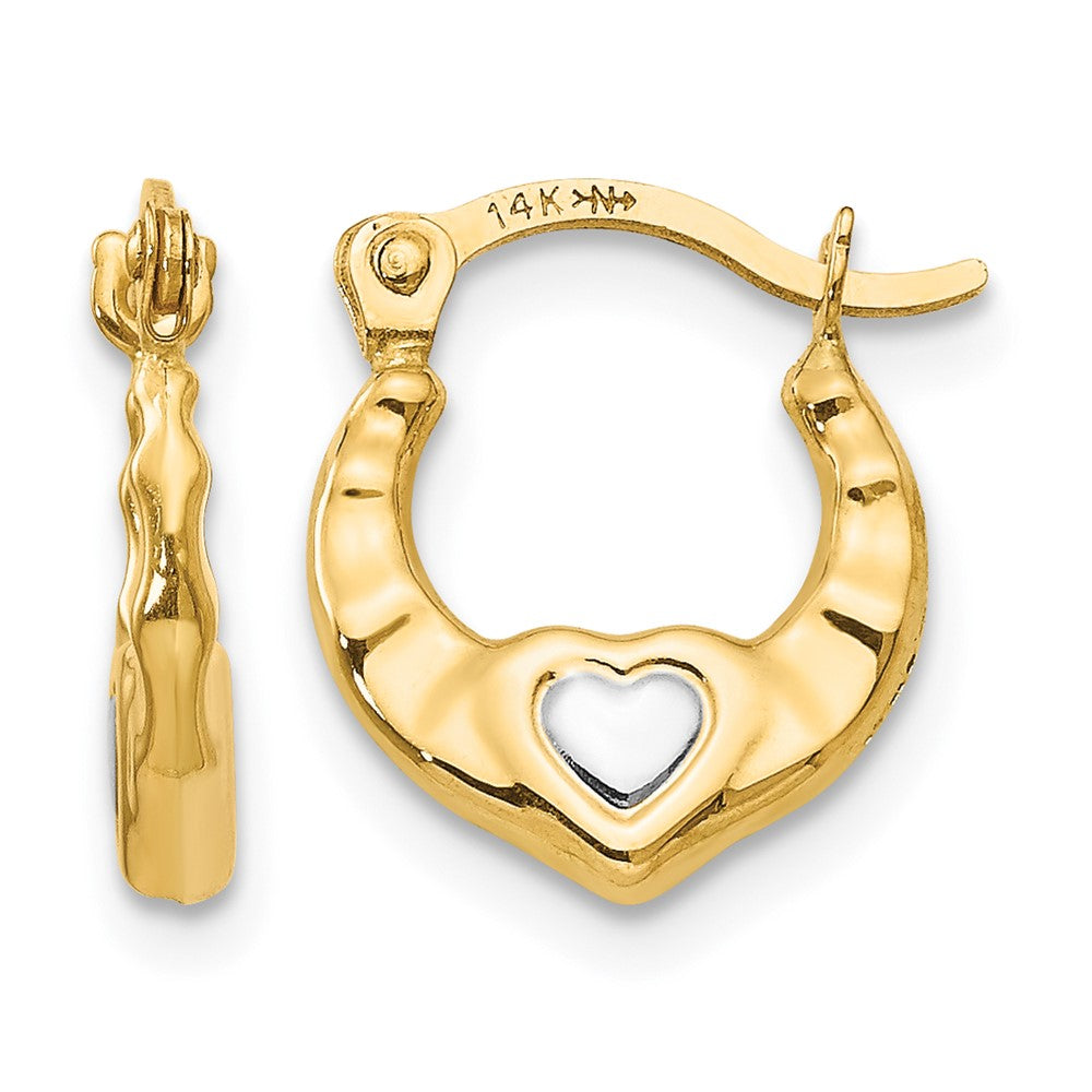 14K and White Rhodium Madi K Heart Hollow Hoop Earrings, 12 x 10 mm