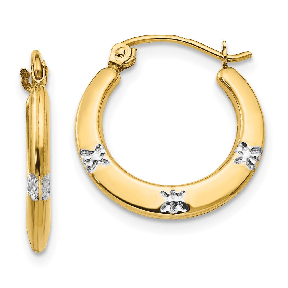 14K and White Rhodium Madi K 3x17mm Diamond-cut Flowers Hollow Hoop Earrings, 18 x 17 mm