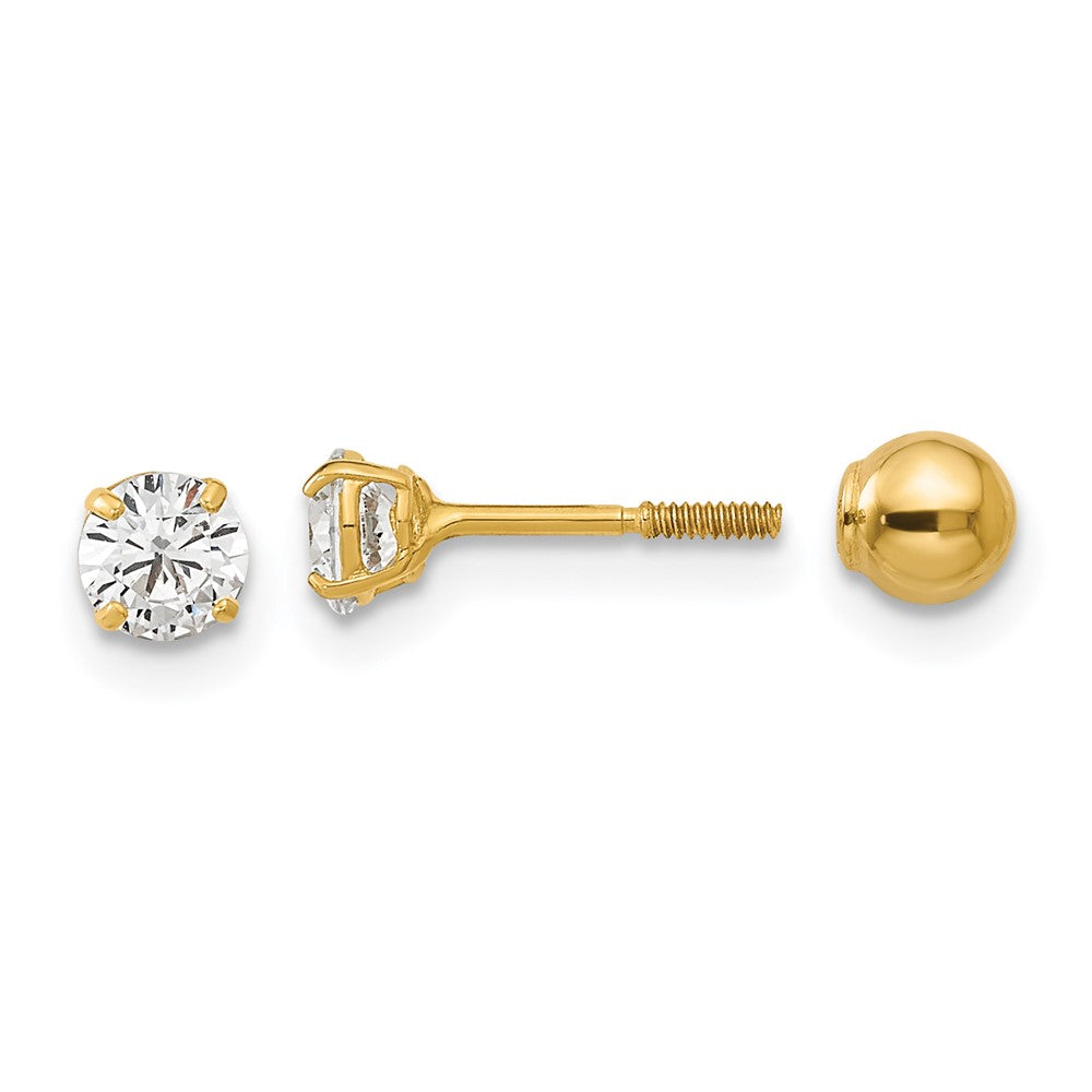 14k Madi K Polished Reversible 4mm Ball and CZ Screwback Post Earrings, 4 x 4 mm