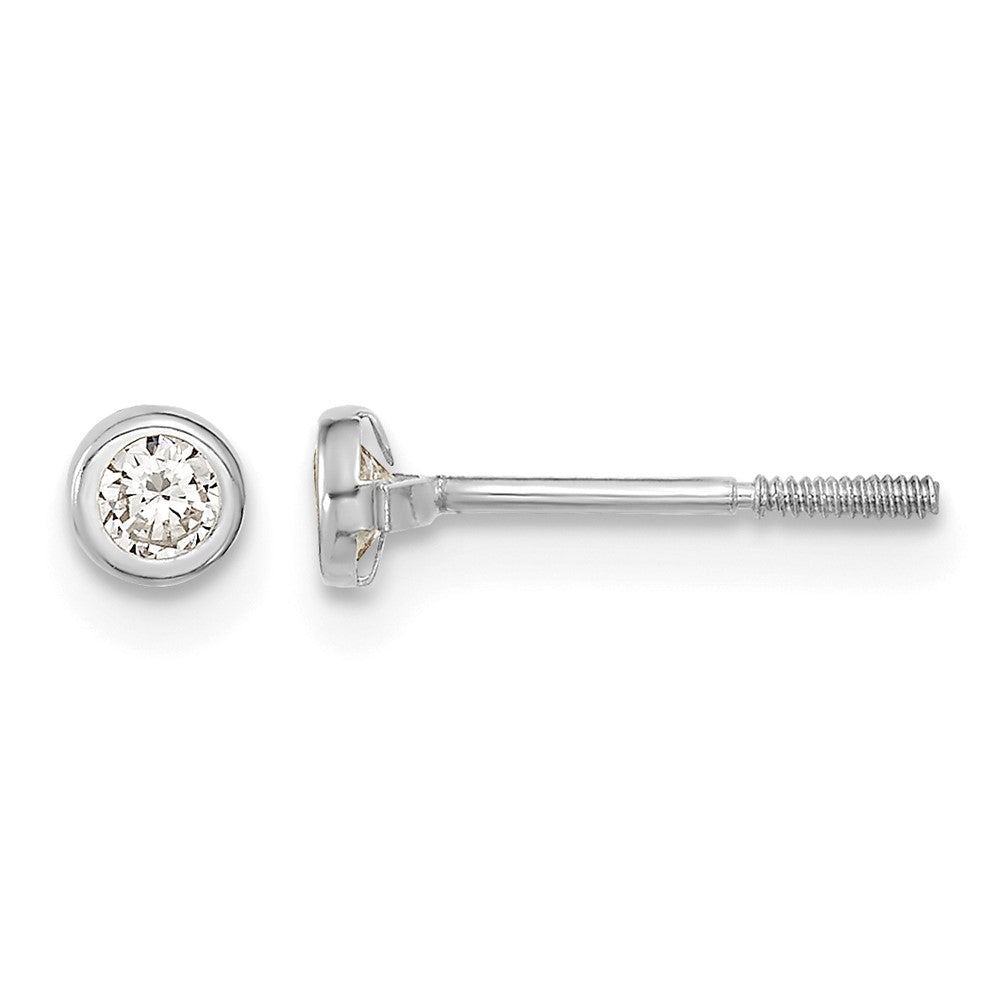 14k Madi K White Gold Polished CZ Bezel Screwback Post Earrings, 3.8 x 3.8 mm