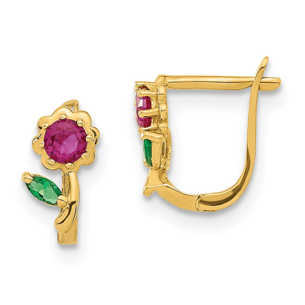 14k Madi K Polished Red and Green CZ Flower Childrens Hinged Earrings, 9 x 5.8 mm