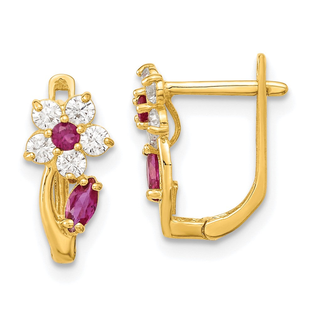 14k Madi K Red and Clear CZ Flower Childrens Hinged Earrings, 12 x 6.2 mm