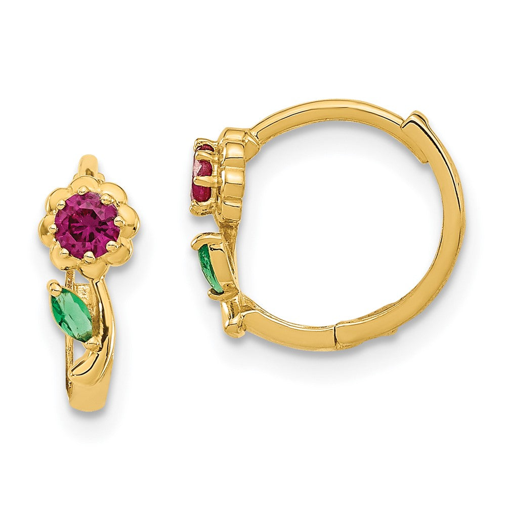 14k Madi K Red and Green CZ Childrens Hinged Hoop Earrings, 10.5 x 5 mm