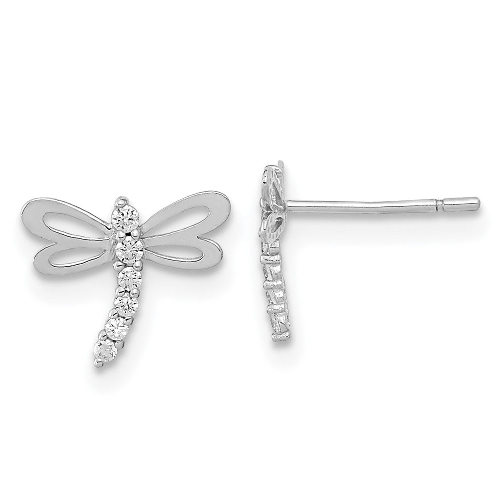 14k White Gold Madi K Polished CZ Dragonfly Childrens Post Earrings, 8.8 x 9.58 mm