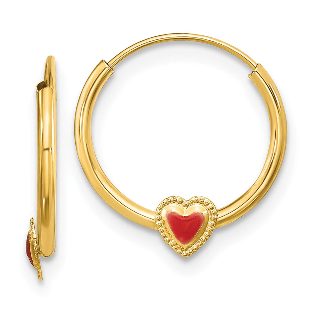 14k Madi K Polished Red Enameled Heart Hoop Childrens Earrings, 12.6 x 11.8 mm