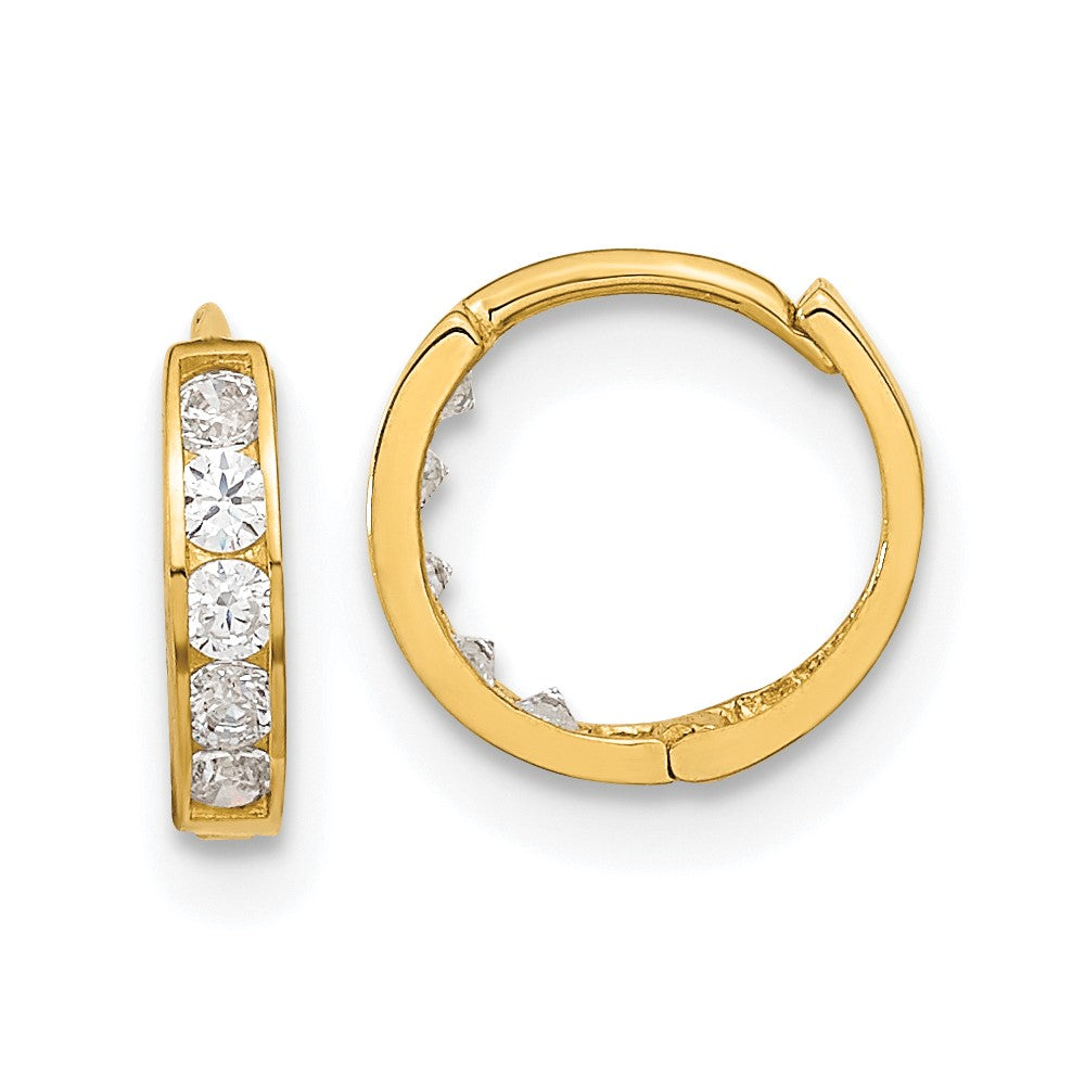 14k Madi K CZ 2x9mm Hinged Hoop Earrings, 9.46 x 9.48 mm