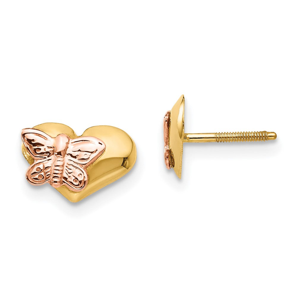 14k and Rose Rhodium Madi K Polished Butterfly Heart Childrens Screwback Earrings, 8 x 9 mm