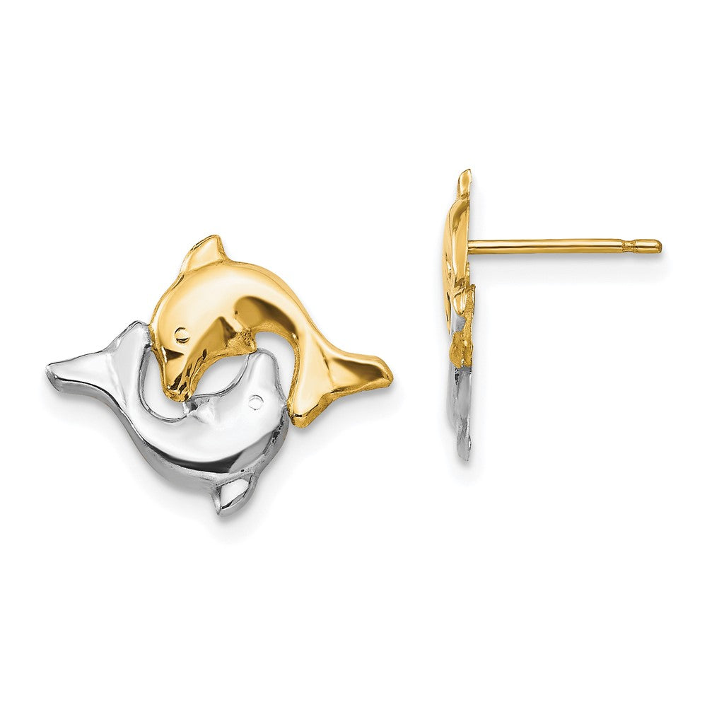 14k and White Rhodium Madi K Two Dolphins Childrens Post Earrings, 15 x 13 mm
