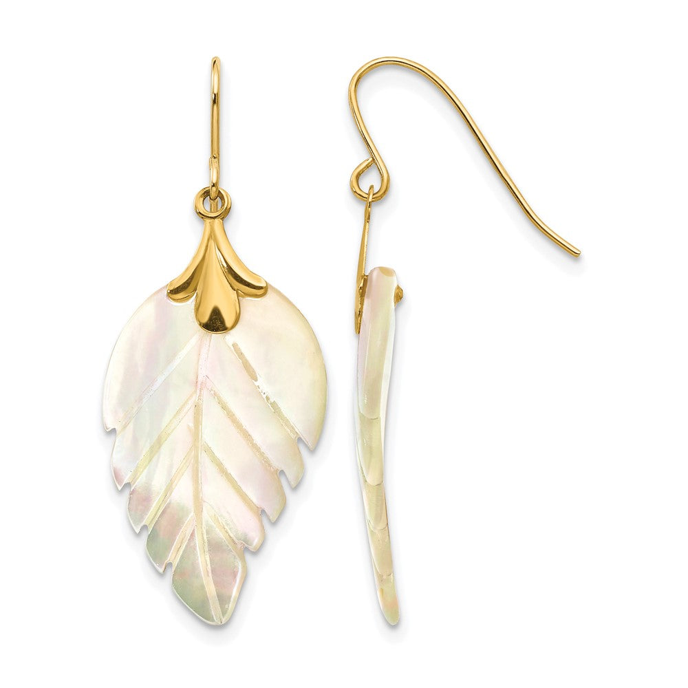 14k Madi K Mother of Pearl Leaf Dangle French Hook Earrings, 33 x 13 mm