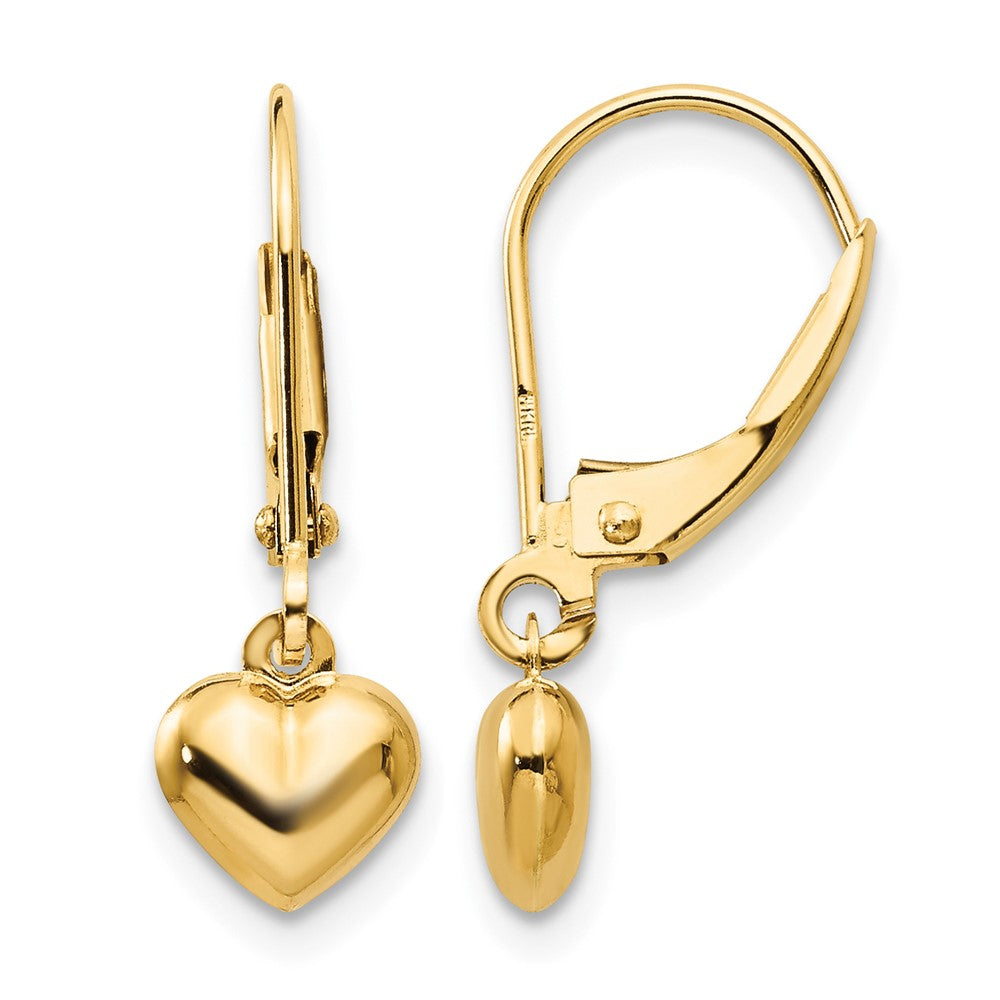 14k Madi K Puffed Polished Heart Drop Childrens Leverback Earrings, 21 x 6 mm