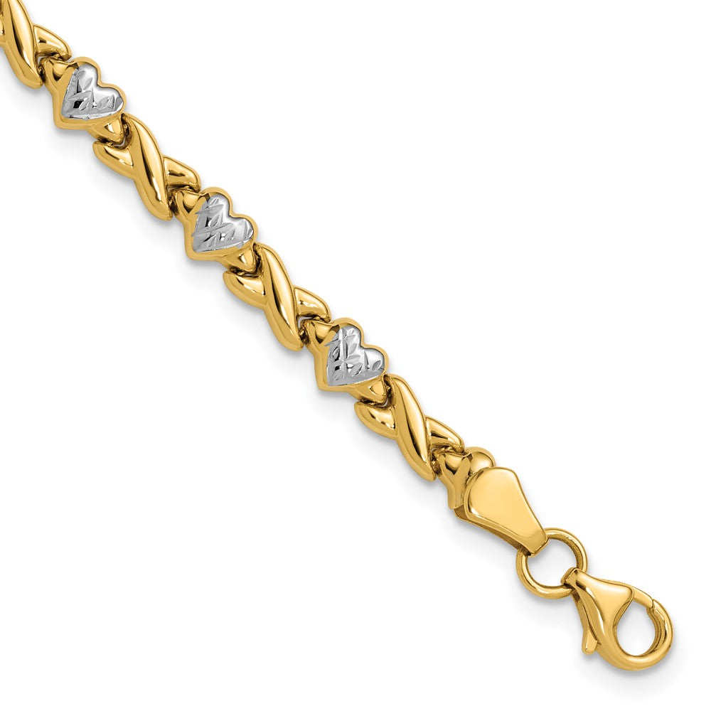 14k with White Rhodium Polished Diamond-cut X-and-Heart 7 inch Bracelet, 7 x 4 mm