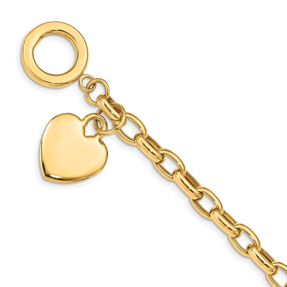14k Engravable 26x18mm Solid Dangle Heart Charm and Hollow Chain 7.5 inch Toggle Bracelet, 7.5 x 18 mm