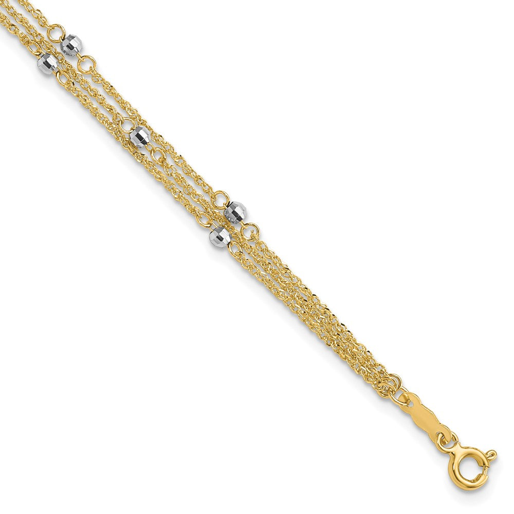 14K Two-Tone Triple Strand Beaded 7.25 inch Bracelet, 7.25 mm