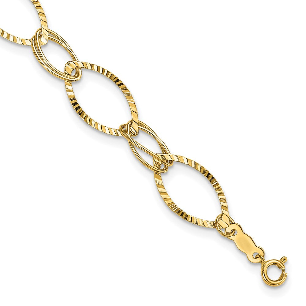 14K Polished and Textured Fancy Oval Link 7.25 inch Bracelet, 7.25 x 7 mm