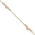 14K Tri-Color Puffed Heart 3-Station 7.25 inch Bracelet, 7.25 x 5 mm