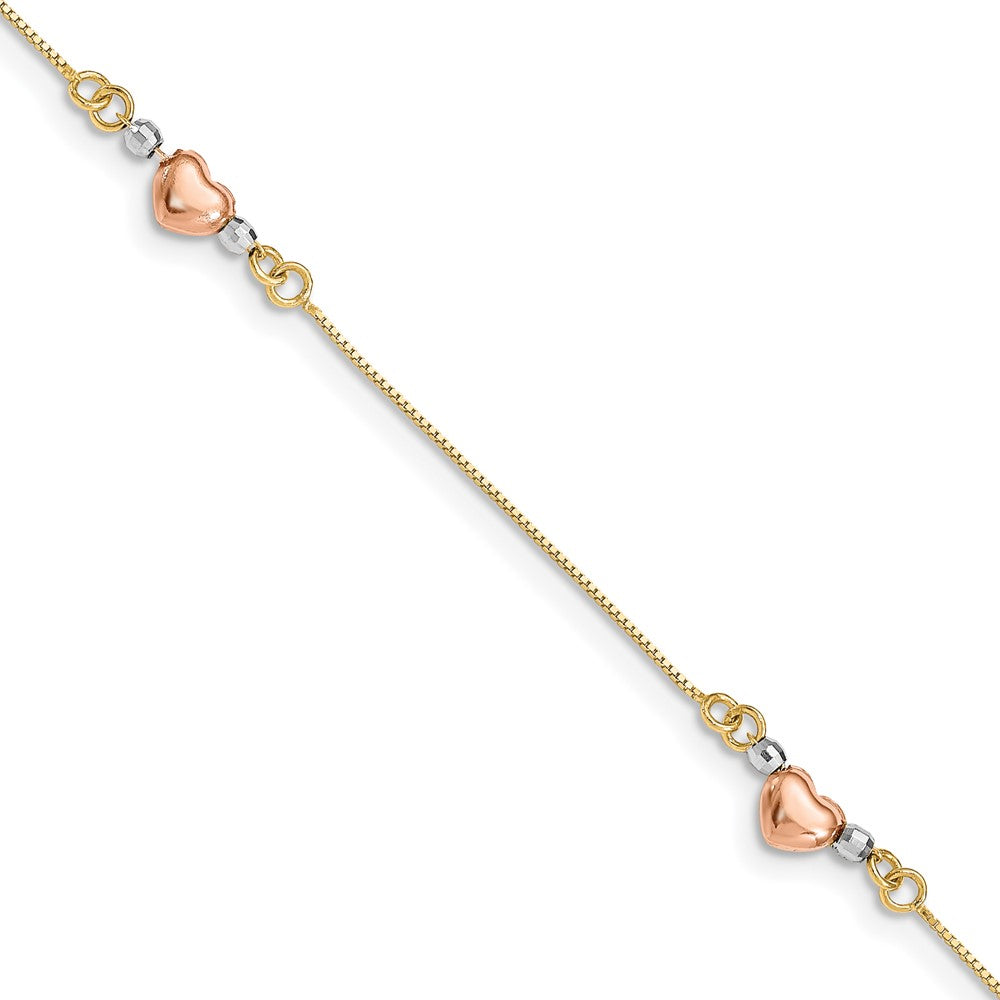 14K Tri-Color Puffed Heart 3-Station 7.25 inch Bracelet, 7.25 x 5 mm