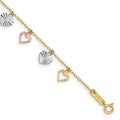 14K Tri-Color Textured Heart Dangle 7.25 inch Bracelet, 7.25 x 7 mm