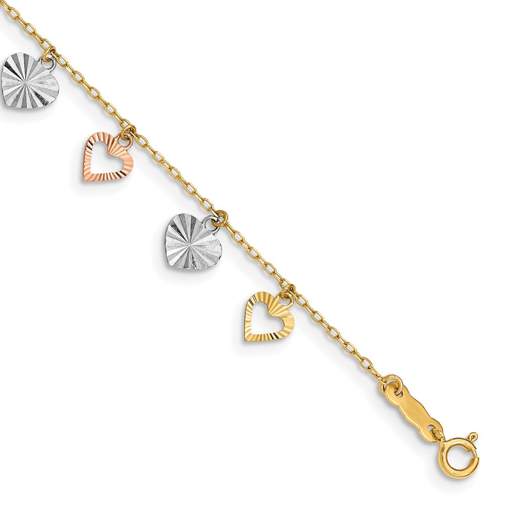 14K Tri-Color Textured Heart Dangle 7.25 inch Bracelet, 7.25 x 7 mm
