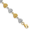14K Two-tone Hammered Hearts 7 inch Bracelet, 7 x 6 mm