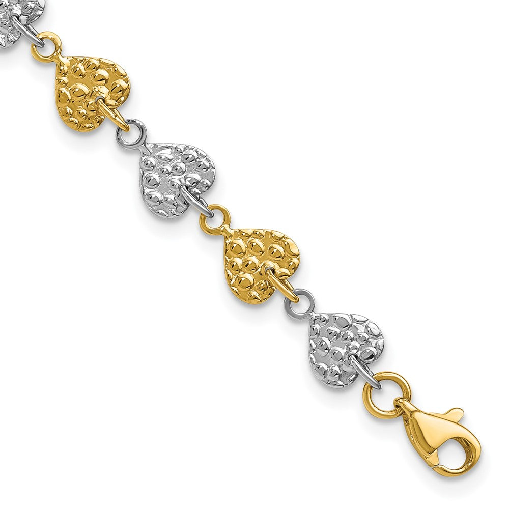 14K Two-tone Hammered Hearts 7 inch Bracelet, 7 x 6 mm