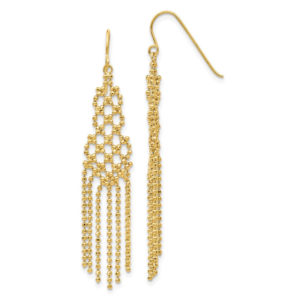 14K Fringe Beaded Chain Dangle French Hook Earrings, 55 x 11 mm