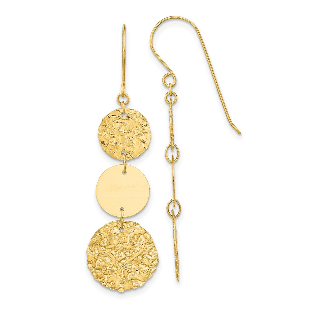 14K Polished and Textured 3-Tier Circle Drop Shepherd Hook Dangle Earrings, 44 x 12 mm