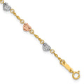 14k Tri-color Diamond-cut Puffed Heart 7 inch Bracelet, 7 x 5.5 mm