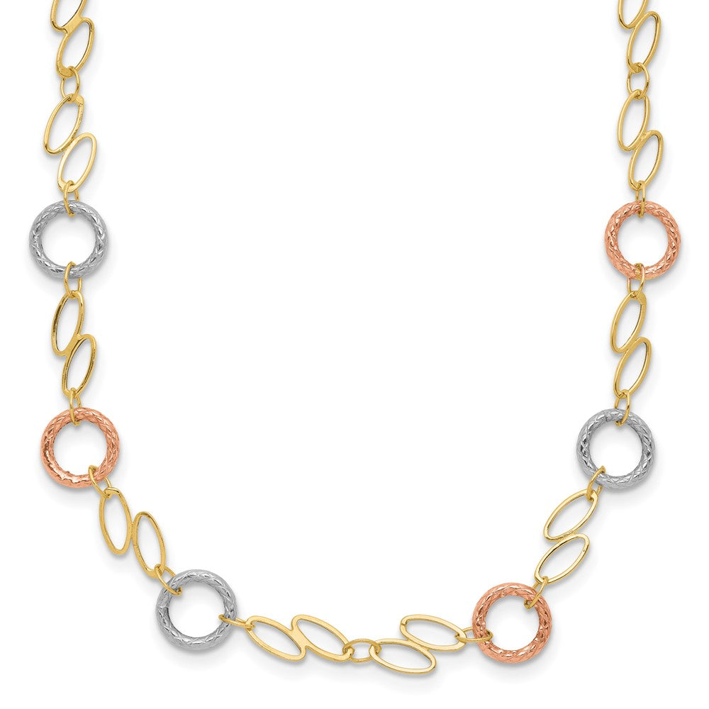 14k Tri-color Polished and Textured Round Circles and Ovals 18 inch Necklace, 18 x 7 mm