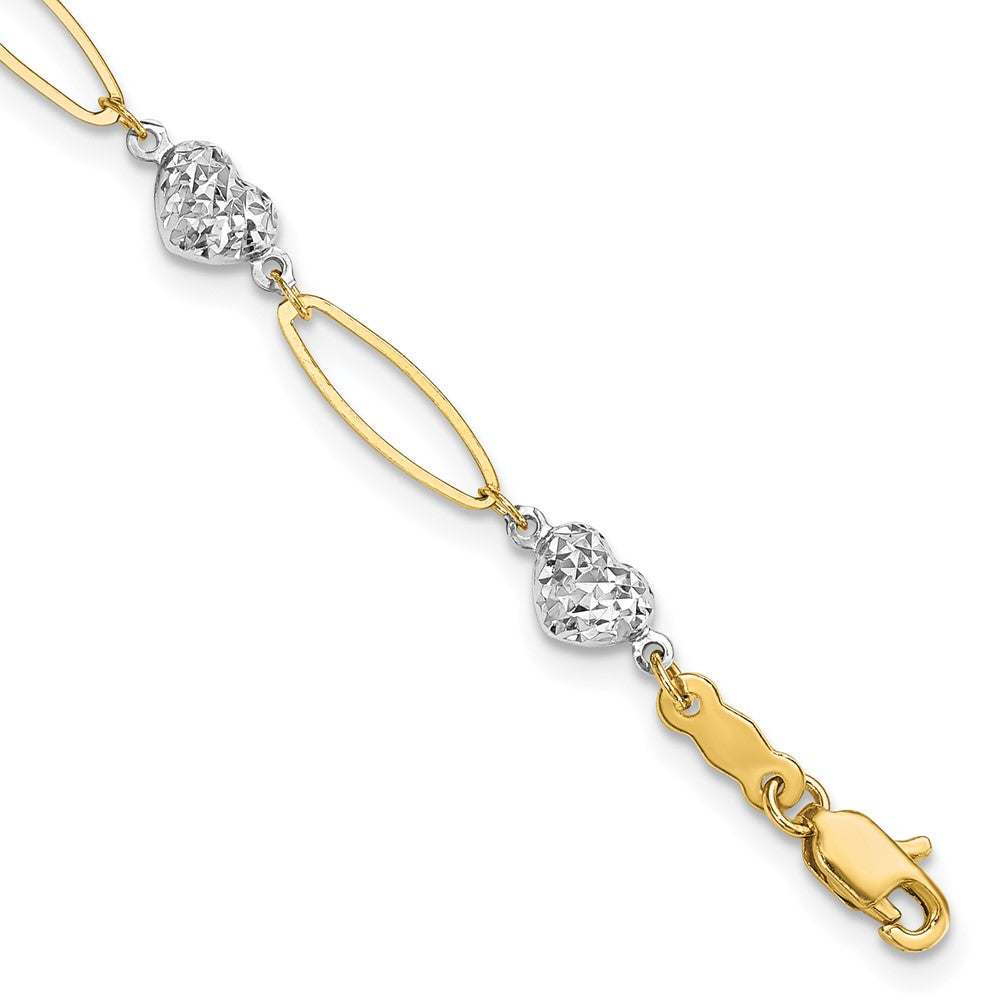 14k Two-tone Diamond-cut Puffed Heart and Flat Oval Link 7.25 inch Bracelet, 7.25 x 5 mm