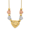 14k Tri-color Textured Puffed and Flat Hearts and Beads 18 inch Necklace, 18 x 6 mm
