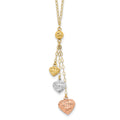 14k Tri-color Three Puffed Hearts 16 inch Lariat Necklace Plus 2 inch Extender, 18 x 10 mm