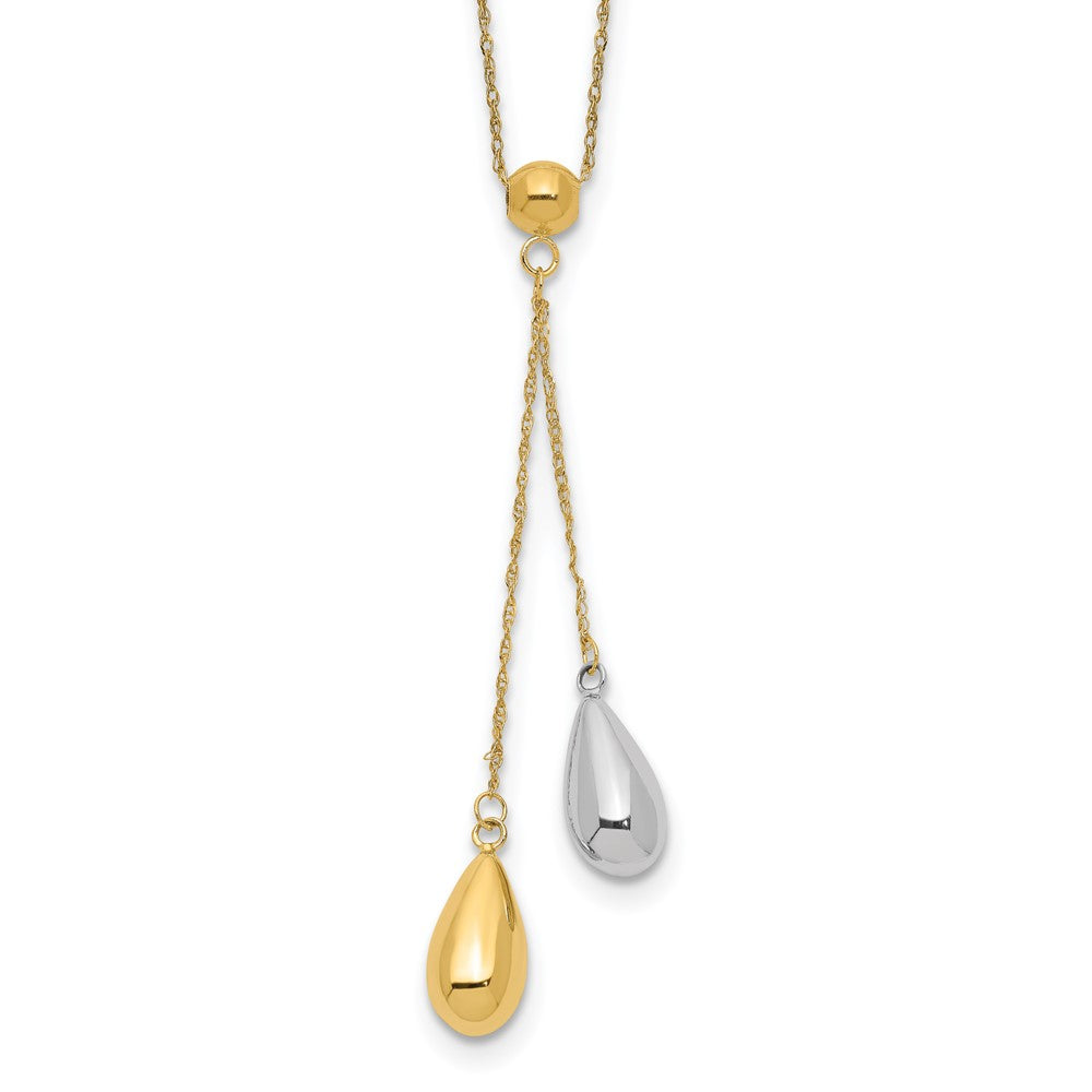 14k Two-tone Two Puffed Teardrop Beads 18 inch Lariat Necklace, 18 x 5 mm