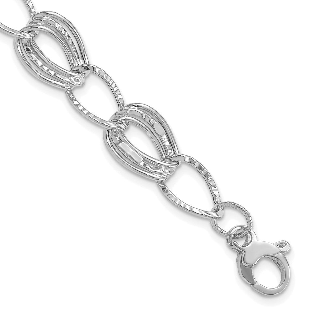 14k White Gold Polished and Textured 11mm Hollow 7.5 inch Bracelet Plus 1 inch Extender, 7.5 x 11 mm