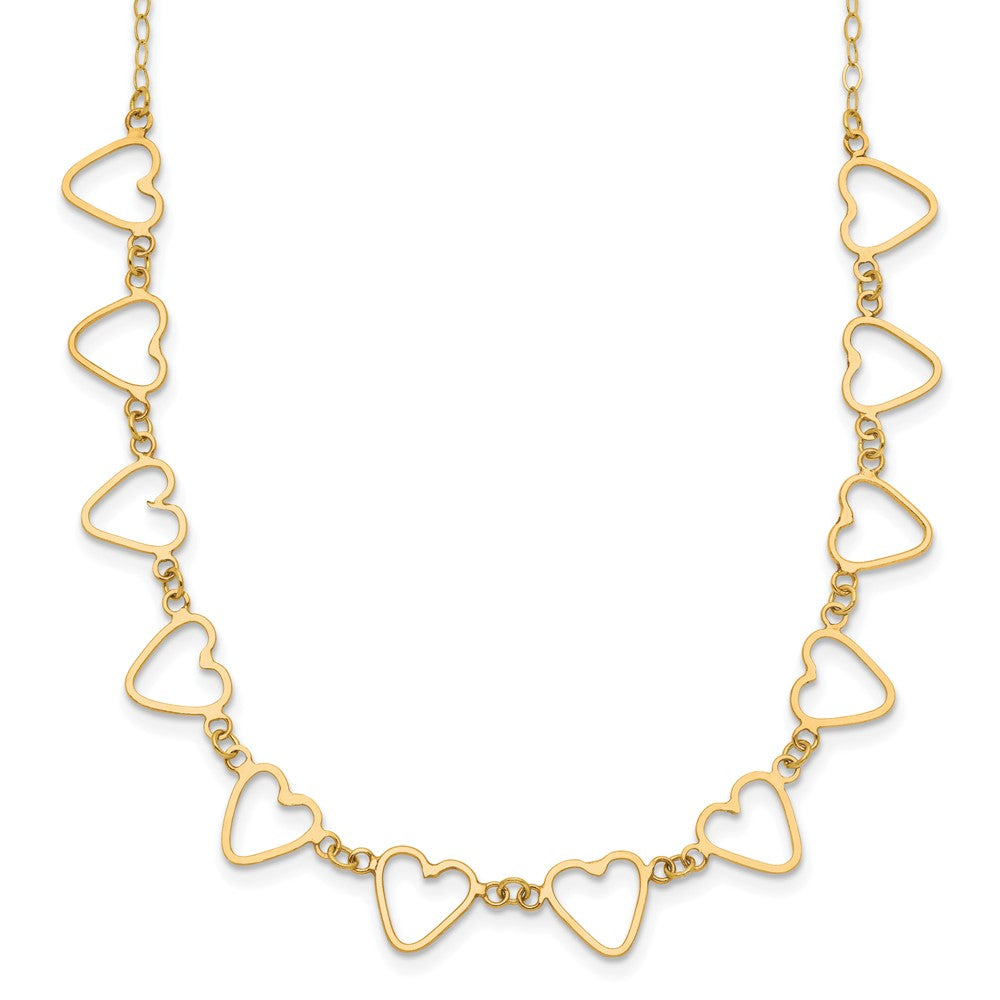 14K Open Flat Hearts 16 inch Necklace Plus 2 inch Extender, 16 x 7 mm