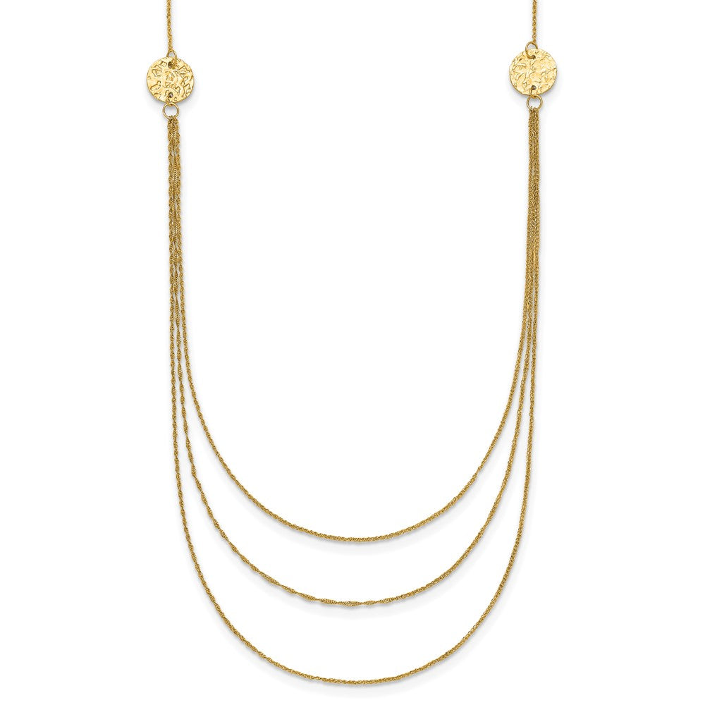 14K 3-Layer Ropa Chain Bib with Textured Side Circles 16 inch Necklace Plus 2 inch Extender, 18 x 1 mm