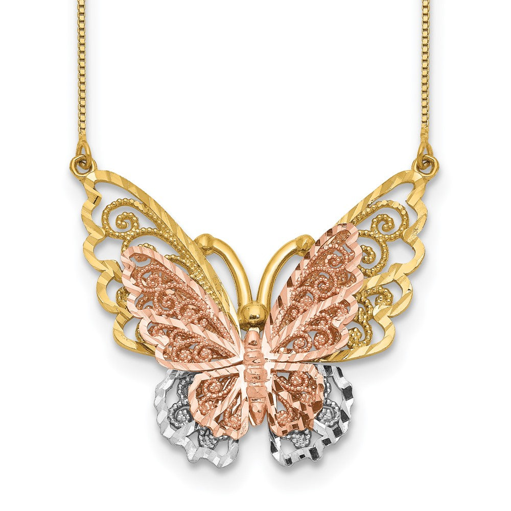 14k Yellow and Rose Gold with White Rhodium Large Filigree Butterfly 18 inch Necklace, 18 x 26 mm