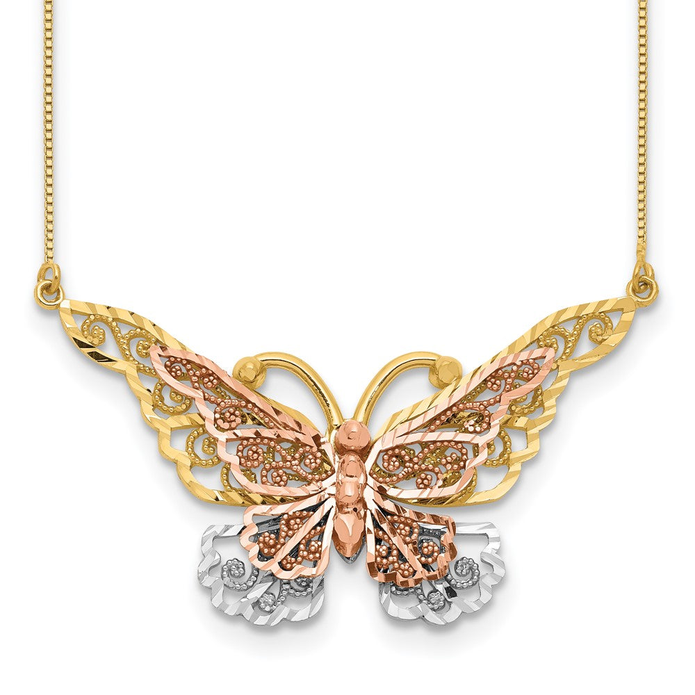 14k Yellow and Rose Gold with White Rhodium Large Filigree Butterfly 17 inch Necklace, 17 mm