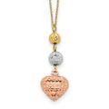 14K Tri-color Diamond-cut Beads and Puffed Heart 16 inch Necklace Plus 2 inch Extender, 18 x 10 mm