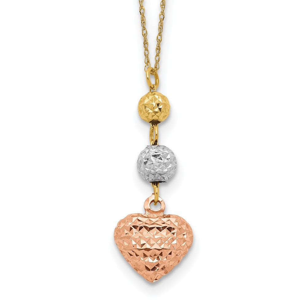 14K Tri-color Diamond-cut Beads and Puffed Heart 16 inch Necklace Plus 2 inch Extender, 18 x 10 mm