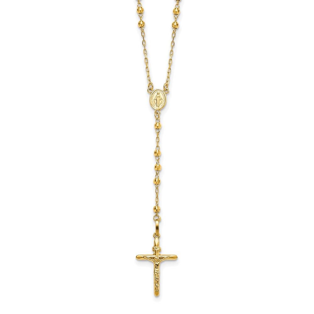 14k Polished Crucifix and Miraculous Medal with 3mm Mirror Beads Semi-solid 24 inch Rosary Necklace, 24 x 18 mm