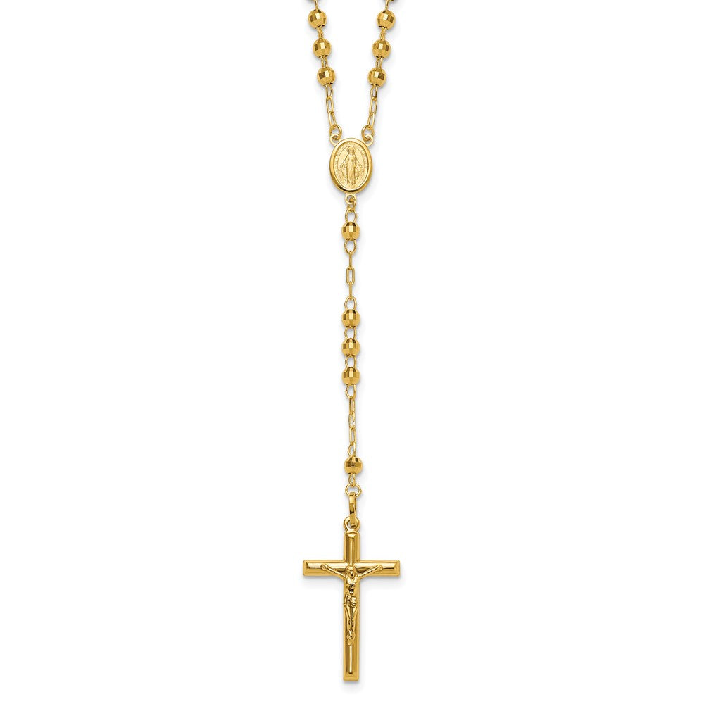 14k Polished Crucifix and Miraculous Medal with 4mm Mirror Beads Semi-solid 24 inch Rosary Necklace, 24 x 21 mm