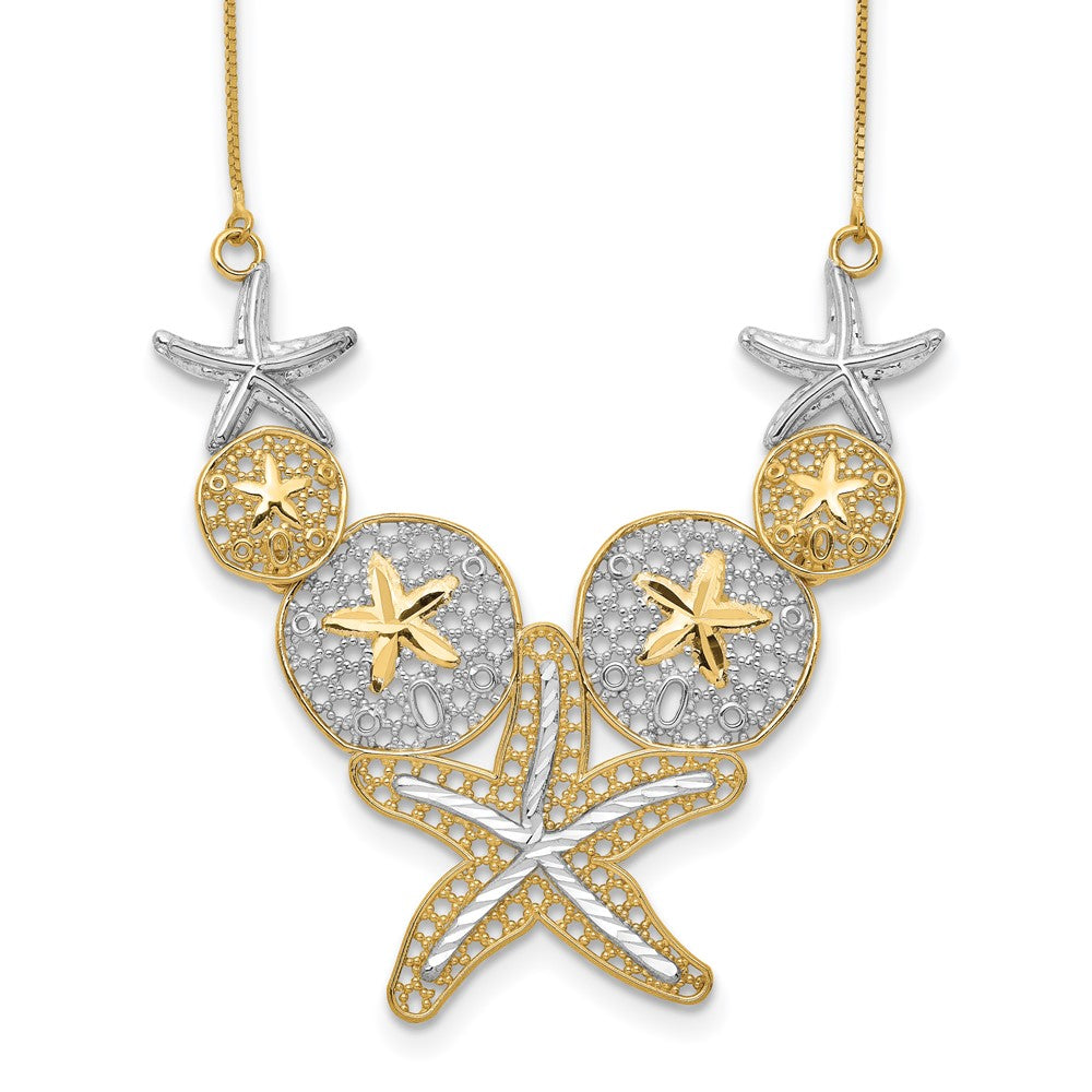 14k with White Rhodium Diamond-cut Starfish and Sand Dollar 18 inch Necklace, 18 mm