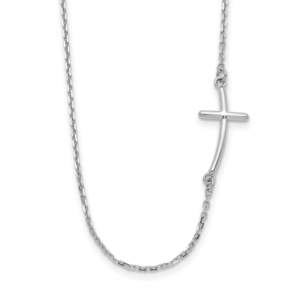 14k White Gold Polished Small Sideways Curved Cross 19 inch Necklace, 19 x 18 mm
