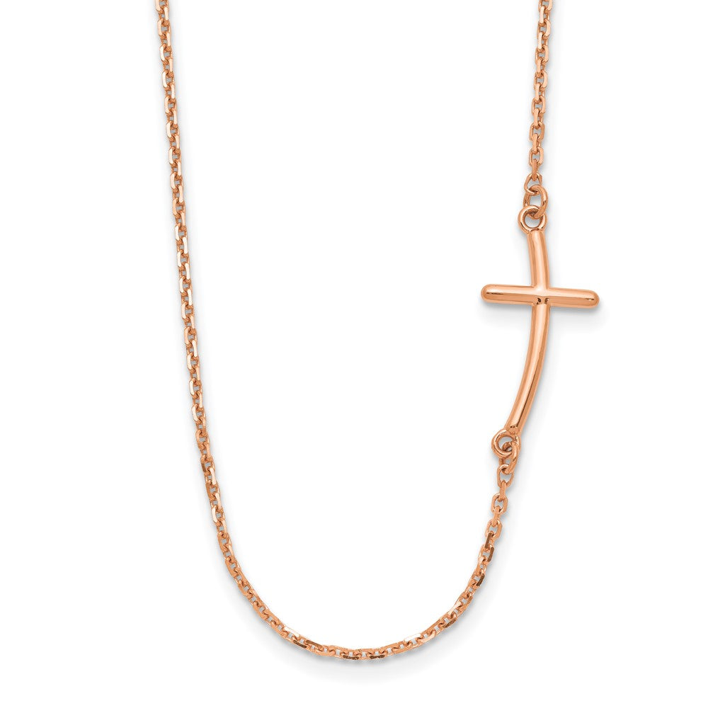 14k Rose Gold Polished Small Sideways Curved Cross 19 inch Necklace, 19 x 19 mm